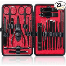 Set de manicura de 23 piezas para hombre, cortaúñas y tijeras de acero inoxidable con estuche de cuero negro para viaje