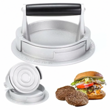 Prensa para hamburguesas de 14 cm en aluminio fundido, antiadherente, grosor ajustable, mango de madera, color negro, fácil de limpiar
