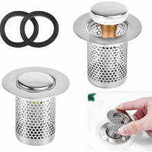 2 Pack Stainless Steel Pop Up Sink Plugs with Anti-Clogging Drain Filter, Push Button Basin Stoppers for 34-38 mm Drain Holes
