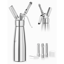 Sifón de nata de aluminio 500 ml con 3 boquillas decorativas de acero inoxidable y cepillo, antigoteo para nata montada y postres
