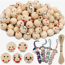 Sorgenwürmchen Holzperlen mit rundem Lachgesicht, 20 mm, 100 Stück in 5 Motiven, glatte Holzoberfläche, zum Auffädeln für Schmuck