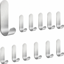 12 Pack SUS304 Stainless Steel Adhesive Hooks, No Drill Waterproof Rustproof Wall Hooks for Bathroom Kitchen, Silver