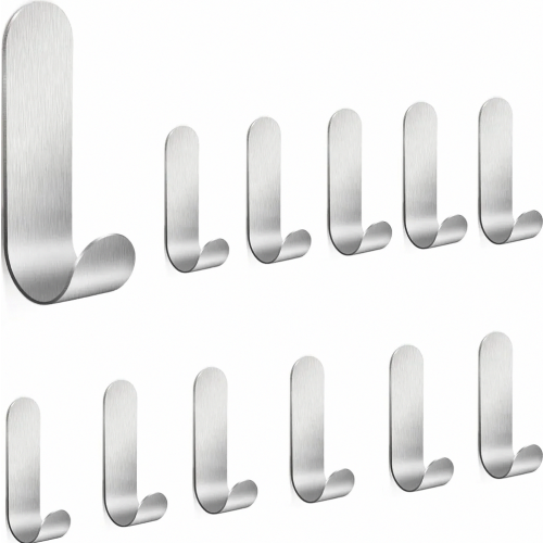 12 Pack SUS304 Stainless Steel Adhesive Hooks, No Drill Waterproof Rustproof Wall Hooks for Bathroom Kitchen, Silver
