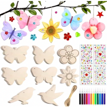 57-teiliges Bastelset für Kinder mit Holzanhängern in Schmetterlings-, Blumen- und Vogelform zum Bemalen, Aquarellstiften und Edelsteinaufklebern
