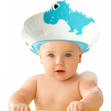 Cuffia per shampoo a forma di dinosauro per bambini, regolabile, con protezione per occhi e orecchie, colore blu.