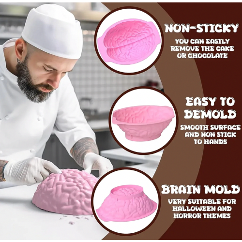 Silicone Brain Mould for Halloween Pudding, Mousse, Chocolate and Cake, Reusable Kitchen Bakeware for Party Use 1
