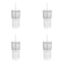 4X 600Ml Glass Cup Milk Coffee Cup with Lid and Straw Transparent Stripe Water Cup Mug Drinking Glasses Juice Tea Cup