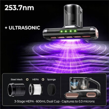 Draadloze Matrasstofzuiger, 15 KPa Bedstofzuiger met 253,7 Nm UV-C-Licht en Ultrasoon, 52800 Slagen Per Minuut, 3-Traps HEP Filter C