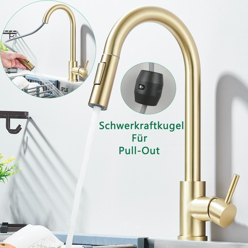 Brushed Gold Kitchen Sink Mixer Tap Pull Out Spout 360 Single Lever Mono Taps