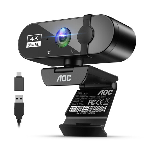 AOC AOC Webcam for PC with Microphone, 4K Webcam Privacy Cover, Plug & Play
