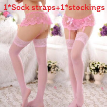 (Pink)Damen Dessous Spitze transparent offener Schritt Strumpfband Strumpf Set für verführerische Nachtwäsche