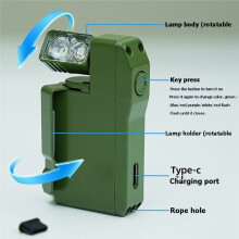 Zaklamp 400 Lumen, Oplaadbare -Zaklamp met Dubbele Lichtbron, Type-C, Draagbare Zaklamp voor Buitenactiviteiten Zoals Kamperen en Wandelen B