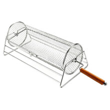 Cesta Giratoria Cilíndrica para Barbacoa de Acero Inoxidable con Mango de Madera para Verduras, Carne, Gambas, Maíz, Camping y Actividades Al Aire