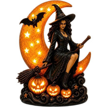 Resin Stained Glass Halloween Lamp Witch and Moon Night Light Pumpkin Jack-O'-Lantern Ghosts Bats Decor