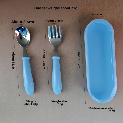 (Blue) Stainless Child Friendly Steel Cutlery With Thick Rounded Feeding Handle For