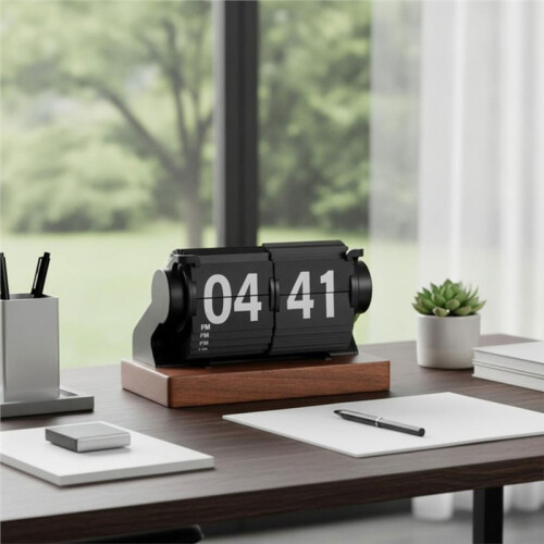 Vintage-Styled Mechanical Flip Clock Large Printed Numerals, Easy Reading, for Offices, with Base Black 2