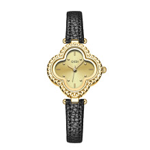 (Gold Black)Gardi Fourleaf Clover Quartz Watch With Leather Band And Resistance Water