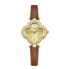 (Gold Brown)Gardi Fourleaf Clover Quartz Watch With Leather Band And Resistance Water