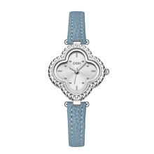 (White Blue)Gardi Fourleaf Clover Quartz Watch With Leather Band And Resistance Water