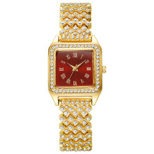(Gold Red Roman)Square Dial Quartz Watch With Alloy Band And Rhinestone Decoration Adult For