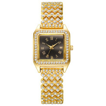 (Gold Black Roman)Square Dial Quartz Watch With Alloy Band And Rhinestone Decoration Adult For