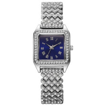 (Silver Blue Roman)Square Dial Quartz Watch With Alloy Band And Rhinestone Decoration Adult For