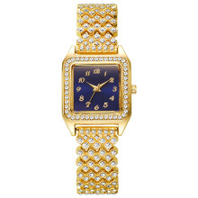 (Gold Blue Numbers)Square Dial Quartz Watch With Alloy Band And Rhinestone Decoration Adult For