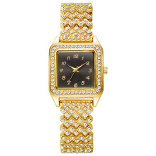 (Gold Black Numbers)Square Dial Quartz Watch With Alloy Band And Rhinestone Decoration Adult For
