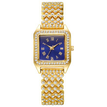 (Gold Blue Roman)Square Dial Quartz Watch With Alloy Band And Rhinestone Decoration Adult For