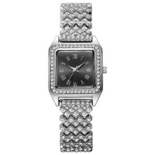 (Silver Black Roman)Square Dial Quartz Watch With Alloy Band And Rhinestone Decoration Adult For