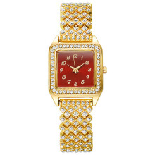 (Gold Red Numbers)Square Dial Quartz Watch With Alloy Band And Rhinestone Decoration Adult For