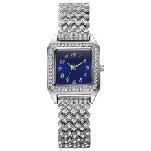 (Silver Blue Numbers)Square Dial Quartz Watch With Alloy Band And Rhinestone Decoration Adult For