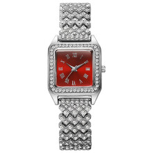 (Silver Red Roman)Square Dial Quartz Watch With Alloy Band And Rhinestone Decoration Adult For