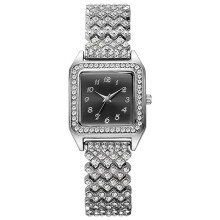 (Silver Black Numbers)Square Dial Quartz Watch With Alloy Band And Rhinestone Decoration Adult For
