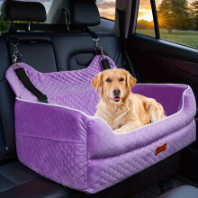 (Purple) Dog Car Seat Booster Cushion With Memory Foam - Harness Mount, Thick Pad And Storage Bag - Heavy Duty Travel Dog Bed,
