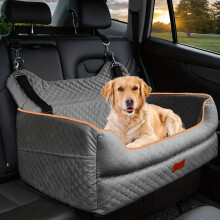(Gray) Dog Car Seat Booster Cushion With Memory Foam - Harness Mount, Thick Pad And Storage Bag - Heavy Duty Travel Dog Bed,