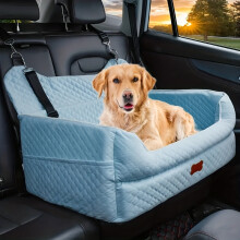 (Blue) Dog Car Seat Booster Cushion With Memory Foam - Harness Mount, Thick Pad And Storage Bag - Heavy Duty Travel Dog Bed,
