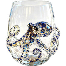 Blue Ringed Octopus 3D Stemless Wine Glasses, Ocean Fantasy Embossed Glass Marine Animal Bar Gl