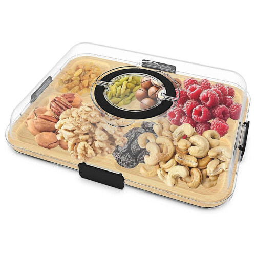 Charcuterie Board Clear Lid Handle,6Compartments Bamboo Charcuterie Cheese Board Cutting Black