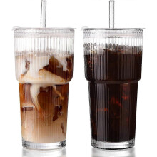 Iced Coffee Cups Lids 2Pcs Ribbed Glass Tumbler Straw Lid 20oz-Vintage Glass Cups Lids Leak Prom