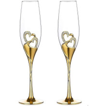 Magnifique coffret cadeau de 2 verres à champagne en forme de cœur, dorés, pour mariage.
