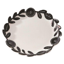 Assiette plate en céramique artisanale neuve de 20 cm (8 pouces) à bordure florale vintage, noire, idéale pour servir salade et dessert.