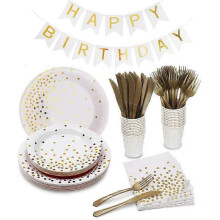 Party Supplies Set,white And Gold Disposable Paper Plates Tableware Napkins Cups Party Dinnerware