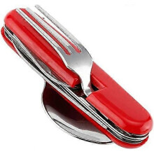 New 4 in 1 Tableware Folding Stainless Steel Spoon Fork Cutter Bottle Opener for Camping (Red)1pcs