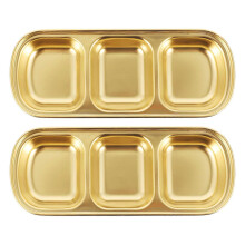 2Pcs Seasoning Dish Stainless Steel Sauce Dish Three Grid Appetizer Plate Golden 20.50X8.00X2.00CM