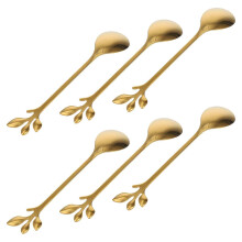New 6pcs Long Handle Iced Tea Spoons Creative Golden Leaf Cocktail Stirring Spoons