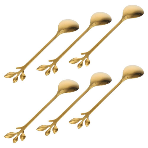 New 6pcs Long Handle Iced Tea Spoons Creative Golden Leaf Cocktail Stirring Spoons