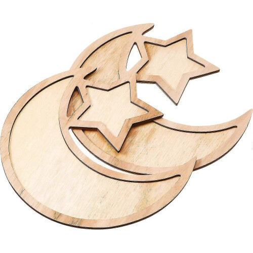 New 2 Sets Ramadan Wooden Tray Moon Star Tableware Eid Mubarak Serving Tableware