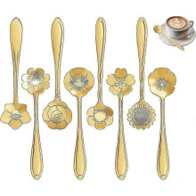 12cm Stainless Steel Teaspoon Set Flower-shaped Ice Cream Spoons Coffee Sugar Gold-Plated Tableware