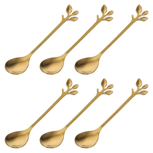 New 6pcs Long Handle Iced Tea Spoons Creative Golden Leaf Cocktail Stirring Spoons 2